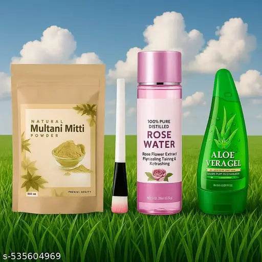 Mitti Powder 100% Natural for Skin (200g), Rose Water (120ml), Face Pack Brush & Aloe Vera Gel - NARIX INDIA