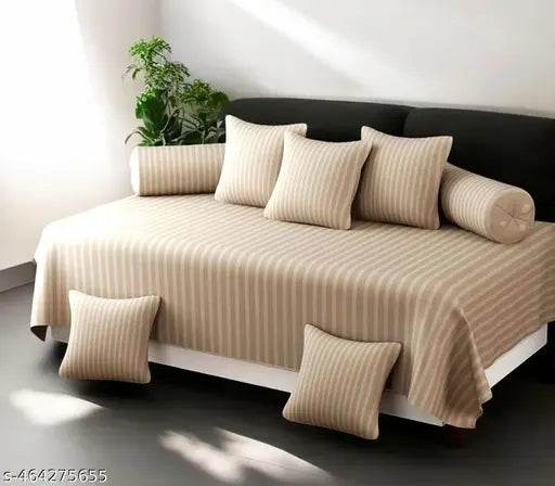 Premium Satin Stripes Cotton Diwan Set Covers of 8 Pieces (1 Single Bedsheet, 2 Bolster Covers, 5 Cushion Covers) - NARIX INDIA