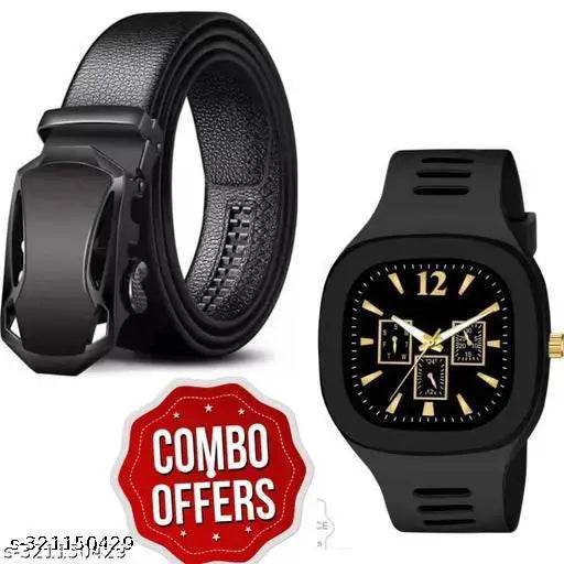 Trendy Fashionable Adjustable Automatic Buckle Black Men Belt with stylish black miller watch - NARIX INDIA