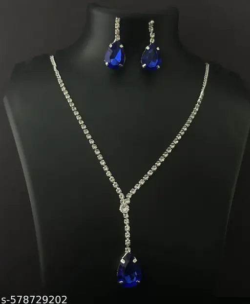 AD Silver Plated Adjustable Partywear Jewellery For Women with earing BLUE - NARIX INDIA