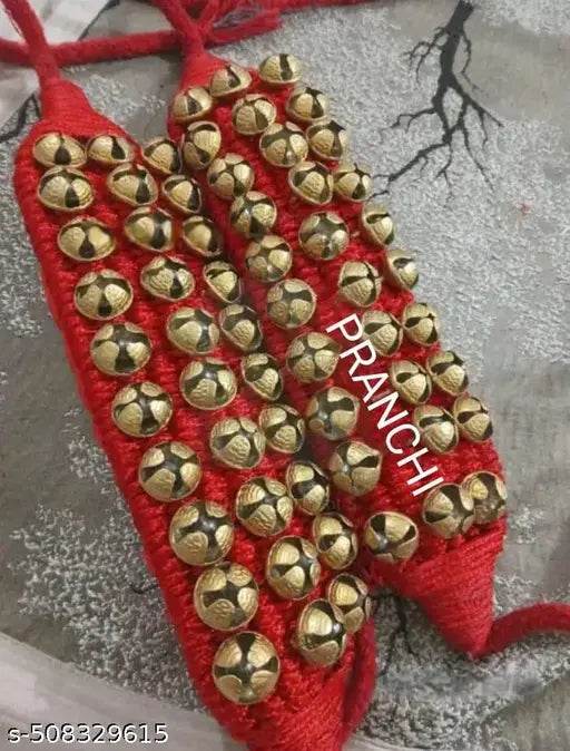 PRANCHI ARTWARE ® BRASS 3-LINE RED GHUNGROO PAD (30+30) ,brass dancing ghungroo 30 bells for each leg for Katthak Bharatnatyam Salangi Classical Nritya Ghungaru Brass Salangi 60 bells Katthak and Bharatnatyam dancing 3 Layer Ghungroo set Salangai Chilanka - NARIX INDIA