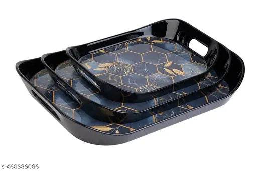 Jordy Serving Tray Set of 3 Pcs with Rectangular Shape and Printed Design, Pack of 3 Tray Set -(Large, Medium and Small Size)(white Blue ) - NARIX INDIA