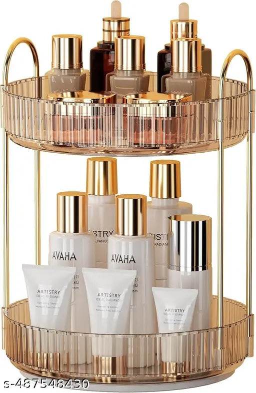 Xpandio Rotating Makeup Organizer for Vanity, High-Capacity Skincare Clear Make Up Storage Perfume Organizers Cosmetic Dresser Organizer Countertop 360 Spinning (Amber Gold, 2 Tier) - NARIX INDIA
