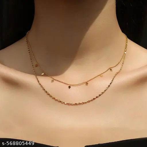 Gold Plated Layered Necklace for Women | Stylish Double Chain with Dainty Shape Charms | Korean Minimalist Jewellery | Party & Daily Wear Chain for Girls - NARIX INDIA