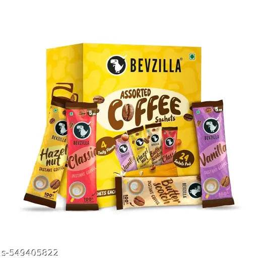 Bevzilla 24 Assorted Instant Coffee Sachets | 24x2Gm Pouches |100% Arabica Coffee Powder | 4 Flavours: Butterscotch, Classic, Vanilla, Hazelnut | Hot & Cold Brew Ready|Best for Espresso, Latte & Cappucino - NARIX INDIA