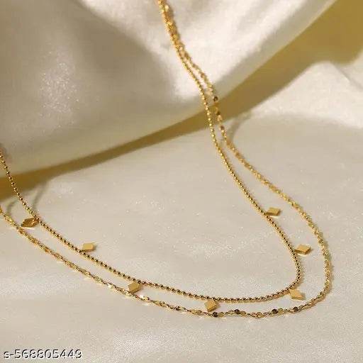Gold Plated Layered Necklace for Women | Stylish Double Chain with Dainty Shape Charms | Korean Minimalist Jewellery | Party & Daily Wear Chain for Girls - NARIX INDIA 