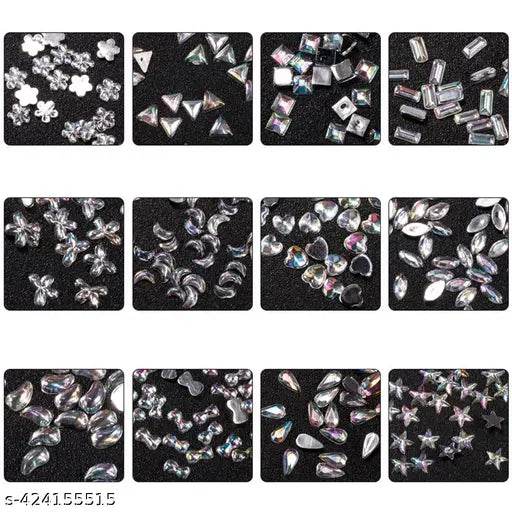 S.A.V.I Flat-bottomed Resin Rhinestones Heart Bowknot AB Color - 12 Different Shapes DIY Nail Decoration Kit for Manicure & Pedicure - Shiny and Durable Nail Art Gems - NARIX INDIA 