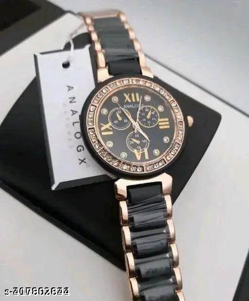 Fancy Designer Metal Belt Analog Watche with black dail and diamond - NARIX INDIA 