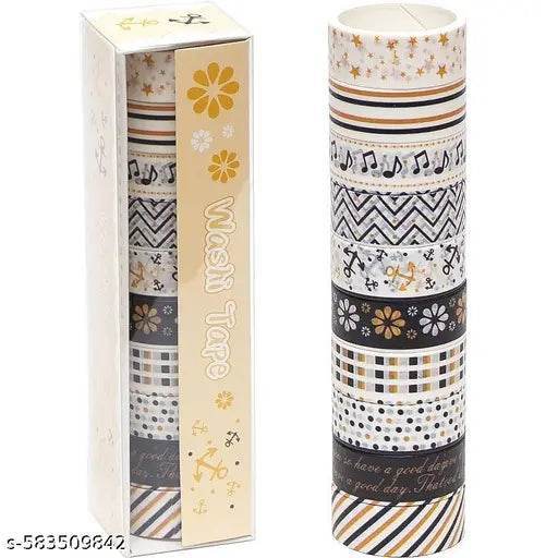 10 Rolls Washi Tape Set Black and Gold Design Small washi Tape Set, Multi Style Design, Decorative Tapes for Arts (Manual) (Pack of 10) - NARIX INDIA 