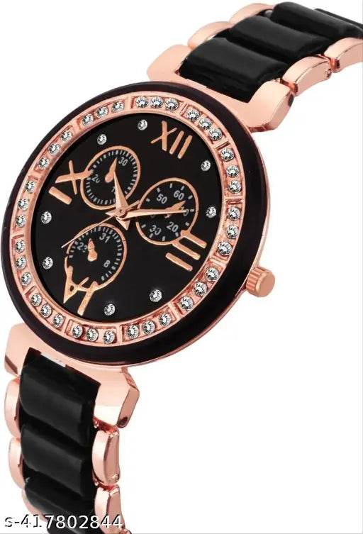 Fancy Designer Metal Belt Analog Watche with black dail and diamond - NARIX INDIA 