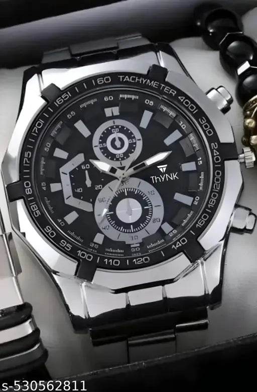 THYNK BLACK DAIL NEW DESIGNER ROUND STIANLESS STEEL SILVER ADJUSTABLE CHAIN Analog Watch - For Men - NARIX INDIA 