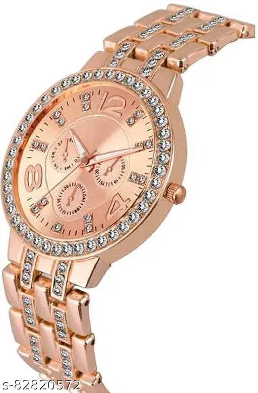 metallic strap Rose gold coloure diamond stitches high quality stylish analog watch for girls and womens - NARIX INDIA 