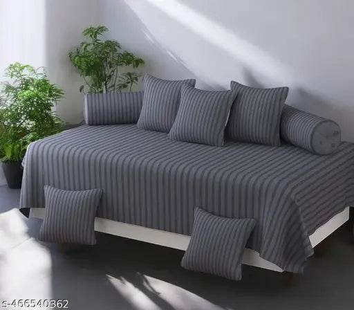 Premium Satin Stripes Cotton Diwan Set Covers of 8 Pieces (1 Single Bedsheet, 2 Bolster Covers, 5 Cushion Covers) - NARIX INDIA 