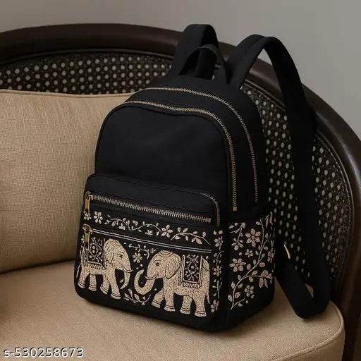 Belvoiri Elephant Print Black Backpack – Stylish Travel & Everydays Bag for Women | Lightweight, Compact & Versatile - NARIX INDIA 