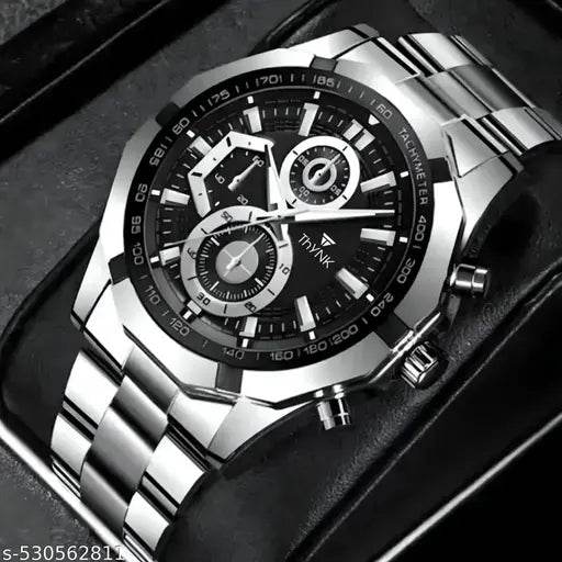 THYNK BLACK DAIL NEW DESIGNER ROUND STIANLESS STEEL SILVER ADJUSTABLE CHAIN Analog Watch - For Men - NARIX INDIA 