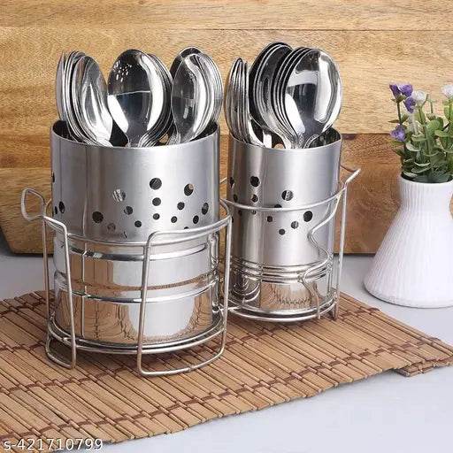 yodhan steel cutlery holder Self Draining Tableware Storage Box Spoon Stand, Table Organizer With 2 Sections Spoon, Knife, Fork, Chopstick, Cutlery Holder/Organizer Stand for Kitchen, Dining Table - NARIX INDIA 