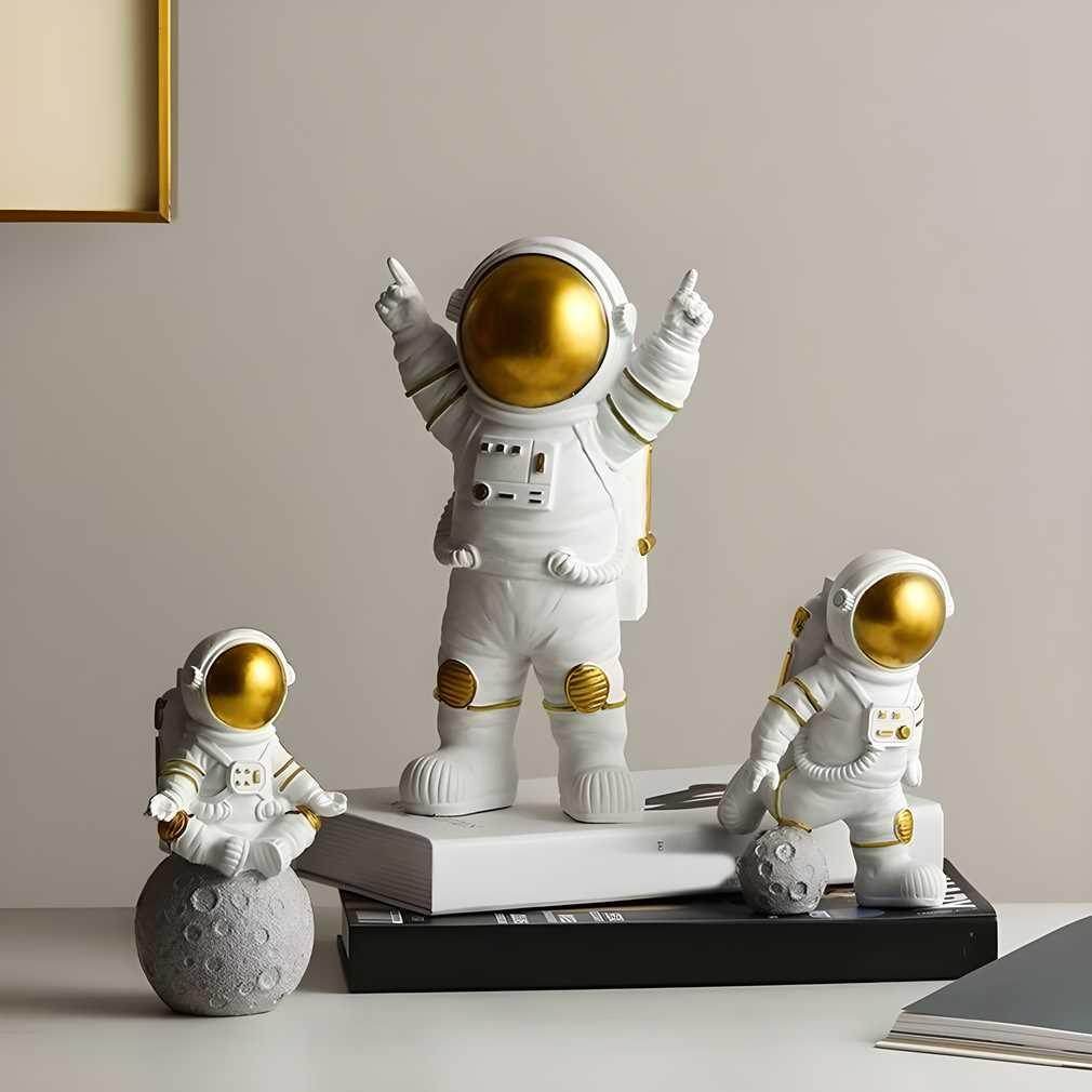 Astronaut Spaceman Statue Ornament Home Office Desktop Figurine Decors Set of 3 - Golden - NARIX INDIA 