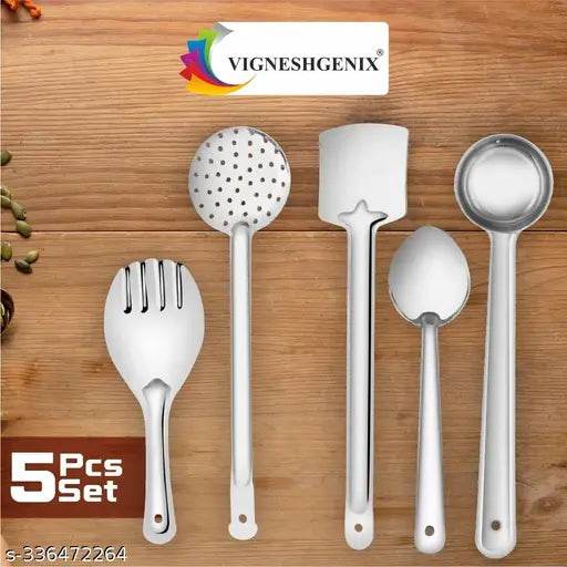 Stainless Steel Tools Set for Kitchen Cooking and Serving, Pack of 5, (Spatula, Ladle, Skimmer, Cooking Spoon) - NARIX INDIA 