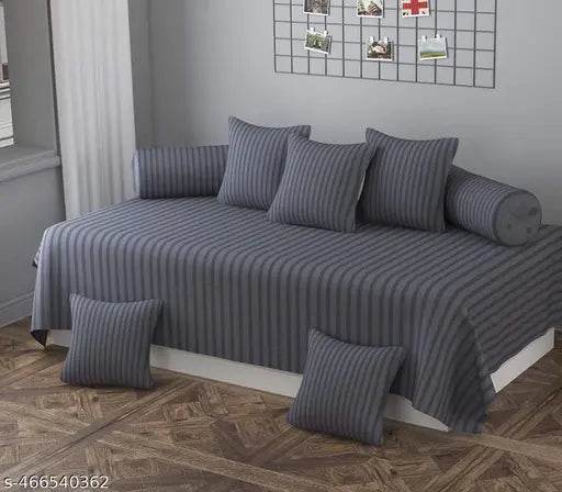 Premium Satin Stripes Cotton Diwan Set Covers of 8 Pieces (1 Single Bedsheet, 2 Bolster Covers, 5 Cushion Covers) - NARIX INDIA 
