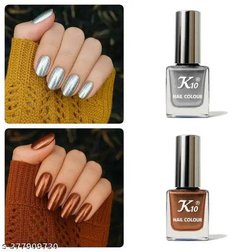 Metallic Nail Polish Combo Set of 2 | Quick-Dry, Long-Lasting, Chip-Resistant Nail Paint | Silver & Coffee Shades | 12ML - NARIX INDIA 
