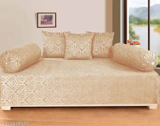 Homesajja Damask Premium Velvet Diwan Set - 1 Bed sheets, 2pc Bolster Cover with Dori, 3pc Cushion Covers (Large Sets of 6 Pieces Set) - Beige Color - NARIX INDIA 