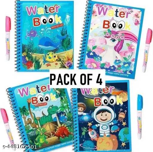 Reusable Magic Water Book Quick-Dry Coloring Book with Magic Pen – Doodle and Painting Board for Children's Educational Drawing Pad (Assorted Colors & Random Designs, Pack of 4) - NARIX INDIA 