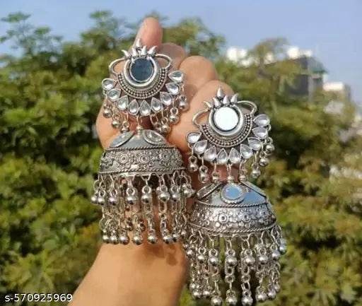 Stylish Mirror Work Jhumka Earrings, Beautiful Silver Oxidised Jhumka Earring - NARIX INDIA 