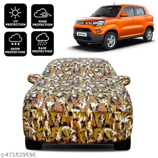 Car Cover For Maruti Spresso Waterproof / UV Protection & Dust Proof Full Tested Premium Polyester Fabric with Mirror Pockets Spresso Cover All Model Suitable Universal Fit Premium Quality with Triple Stitched Fully Elastic Surface Body Protection Spresso - NARIX INDIA 