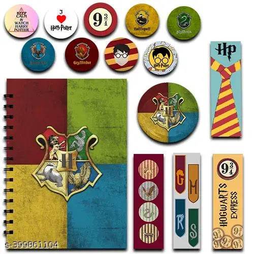 Harry Potter House Crest A5 Notebook Combo Infographic Grey Notebook Slytherin Ravenclaw Hufflepuff Gryffindor Spiral Wire Bound Notebooks Harry Potter Bookmarks Badge Stickers (160 Pages ) 6x8 Inches - NARIX INDIA 