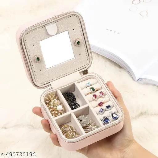 Jewellery Organiser PU Leather Zipper Portable Storage Boxs Case with Dividers Container for Rings, Earrings, Necklace Home Organizer, Pink - NARIX INDIA 