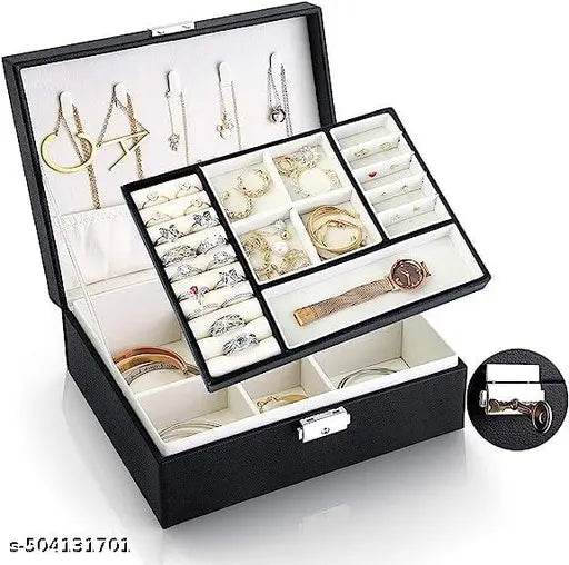Jewellery Organisers Boxx Double Layer Large Capacity PU Leather Storage Case for Rings, Earrings,Watch, Necklace Jewelry Organizer for Women Travel - NARIX INDIA 