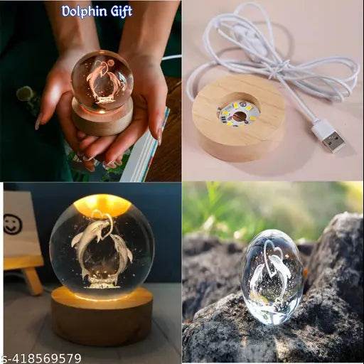 3D Dolphin Crystal Ball Night Lamp,Dolphin Crystal Ball Night Light with ON/Off Switch Button, USB Cable Colorful LED Wooden Crystal Ball for Home Decoration Birthday Gift (Dolphin) - NARIX INDIA 