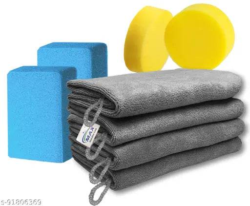 MAX Microfiber Cloth for Car, Bike, Office, Home and Kitchen Cleaning, Washing and Polishing (4 Pieces, 40 x 40 cm, 350 GSM, Grey) and Foam Applicator (4 Pieces) Combo - NARIX INDIA 