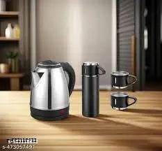 Electric Stainless Steel Kettle Combo | 1.5 L Fast-Boil Kettle + 500 ml Vacuum Flask with 3 Steel Cups | Double-Walled, Leak-Proof, Auto Shut-Off | Silver - NARIX INDIA 