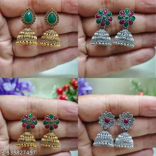 7 pair Combo of Traditional Antique Gold & Oxidized Silver Jhumka Earrings for Women & Girls | Ethnic Temple Design Stud & Drop Earrings | Festive & Party Wear Jewelry - NARIX INDIA 