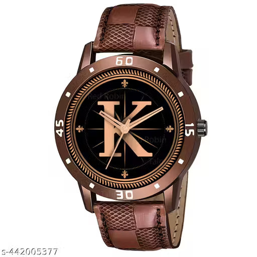 Talgo Analog Round Black Dial ALPHABET K Design Stylish Brown Leather Strap Classic Design Fancy Wrist Watch for Men and Boys, Pack of 1 - ALPHA-K-AVO-BRW-CHL - NARIX INDIA 
