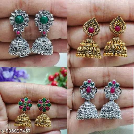 7 pair Combo of Traditional Antique Gold & Oxidized Silver Jhumka Earrings for Women & Girls | Ethnic Temple Design Stud & Drop Earrings | Festive & Party Wear Jewelry - NARIX INDIA 