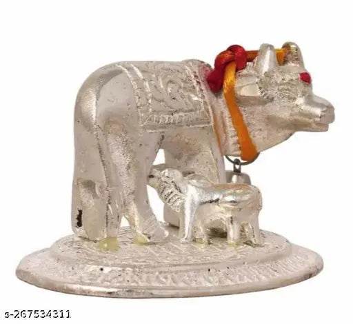 Silver Kamdhenu Cow Statue with Calf for Home, Office, temple Decorations Showpiece - NARIX INDIA 