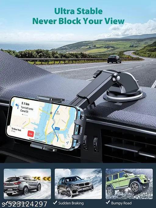 INTEGRAL Car Mount Mobile Holder Stand| Strong Suction Cup, Double Shift Locking for Dashboard Windshield| Quick Touch Release, Long Telescopic Arm, 360° Rotatable Head| for All Mobile Phones, - NARIX INDIA 