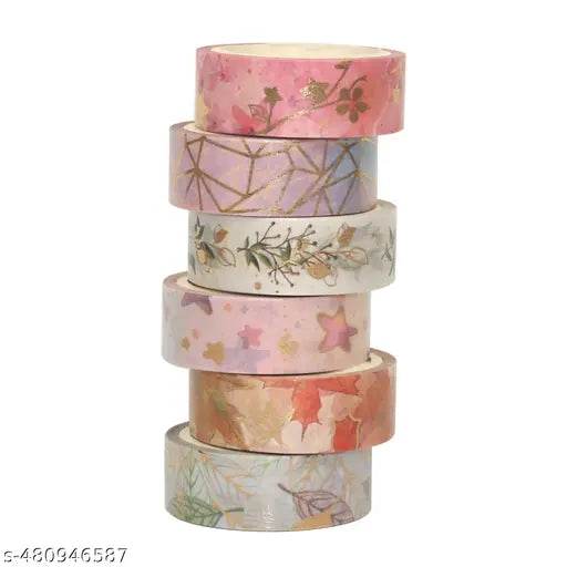 SYGA Gold Washi Tape Set DIY Crafts, Journal Supplies, Planners, Scrapbooking, Gift Wrapping - 6 Rolls (15mm x 5M) - NARIX INDIA 