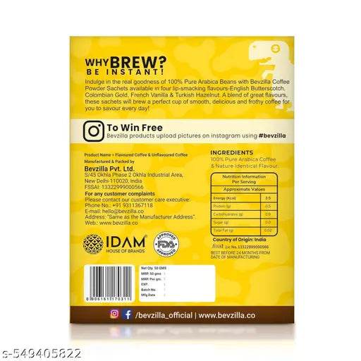 Bevzilla 24 Assorted Instant Coffee Sachets | 24x2Gm Pouches |100% Arabica Coffee Powder | 4 Flavours: Butterscotch, Classic, Vanilla, Hazelnut | Hot & Cold Brew Ready|Best for Espresso, Latte & Cappucino - NARIX INDIA 