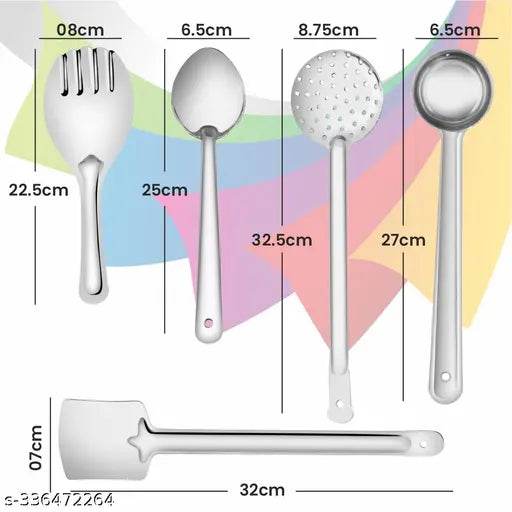 Stainless Steel Tools Set for Kitchen Cooking and Serving, Pack of 5, (Spatula, Ladle, Skimmer, Cooking Spoon) - NARIX INDIA 