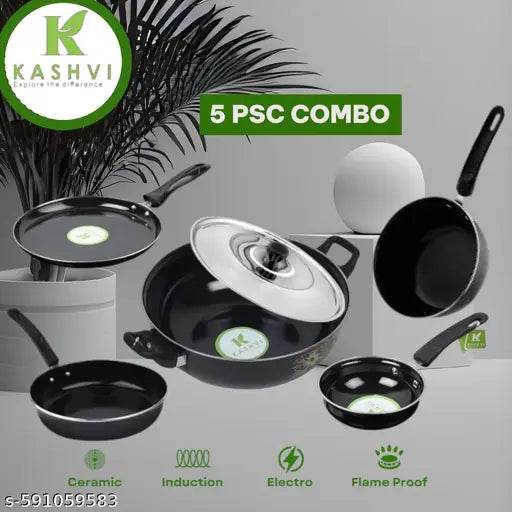 Kashvi Nonstik cast iron Perfect Collection Combo Set of 6Pcs Induction Base Cookware Sets Black (Kadai, LID, Sauce Pan, Fry Pan Tawa pan, Tarki pan) - NARIX INDIA 