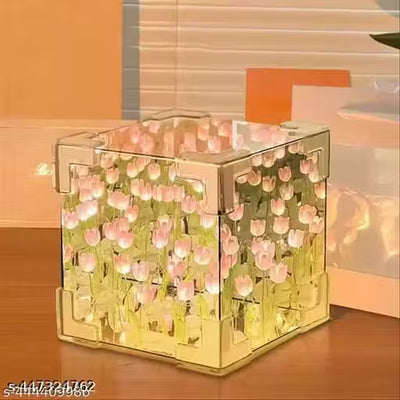 Wishpitara Tulip Cube Mirror Lamp, 20 Flowers LED Decorative Lamp, 2 in 1 Mirror & Table Ornaments for Bedroom Livingroom Desktop Decor Birthday Gift - NARIX INDIA 