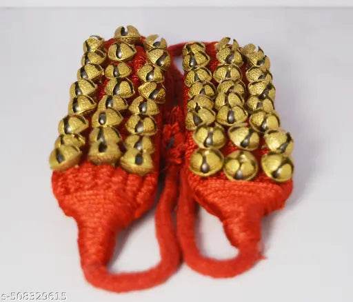 PRANCHI ARTWARE ® BRASS 3-LINE RED GHUNGROO PAD (30+30) ,brass dancing ghungroo 30 bells for each leg for Katthak Bharatnatyam Salangi Classical Nritya Ghungaru Brass Salangi 60 bells Katthak and Bharatnatyam dancing 3 Layer Ghungroo set Salangai Chilanka - NARIX INDIA 