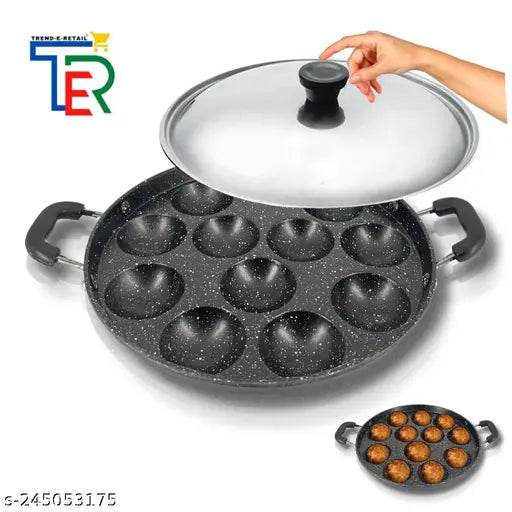 TRENDY 12 Cavities Non Stick Appam Patra with Lid and Side Handle/ kulipaniyaram pan nonstick/ appe/panniyaram kadai/Paniyaram/Appam Pan/Appam Maker/appam kadai/idali Maker/idli Pan kadai/litti maker Paniarakkal with Lid Paniarakkal with Lid 0.5 L capacit - NARIX INDIA 