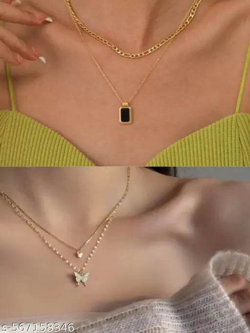 Title: Trendy Gold Layered Necklace Combo – Butterfly, Heart & Black Pendant Set - NARIX INDIA 