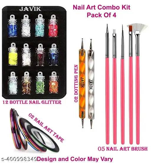 Javik Nail Art tool kit Combo 12 GLITTER BOTTLE MULTICOLOR , 2 DOTTING PEN , 5 NAIL BRUSH , 2 TAPE NAIL COMBO OF 21 - NARIX INDIA 