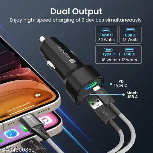 Portronics Dual Output Fast Car Charger with 30W Type-C PD & 30W USB, LED Indicator, Charging Adapter Compatible with Cars for iPhone & Android Smartphone, Smartwatch, Earbud, Power Bank (Black) - NARIX INDIA 