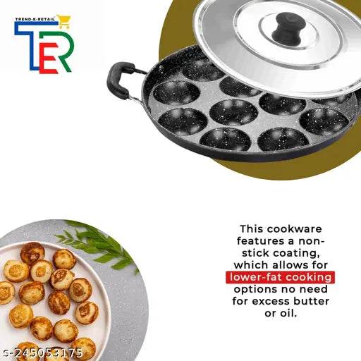 TRENDY 12 Cavities Non Stick Appam Patra with Lid and Side Handle/ kulipaniyaram pan nonstick/ appe/panniyaram kadai/Paniyaram/Appam Pan/Appam Maker/appam kadai/idali Maker/idli Pan kadai/litti maker Paniarakkal with Lid Paniarakkal with Lid 0.5 L capacit - NARIX INDIA 